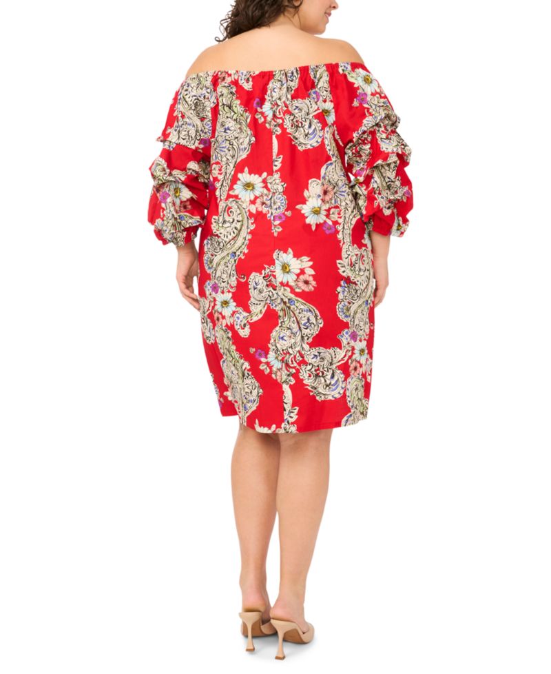 Plus Size Printed Cotton Off-The-Shoulder Dress