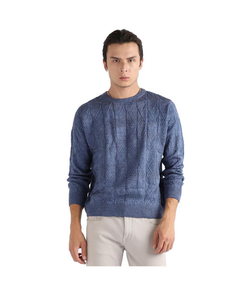 Men's Blue Textured Knit Pullover Sweater