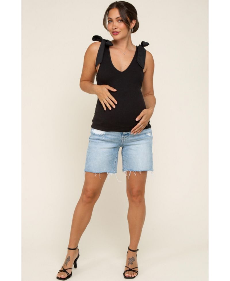 Women's Light Blue Distressed Frayed Hem Midi Jean Shorts