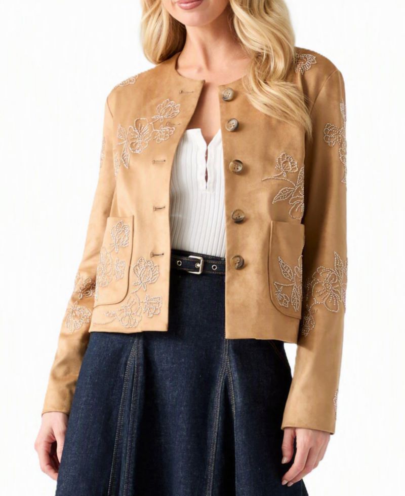 Women's Oceane Faux-Suede Floral-Embroidered Jacket