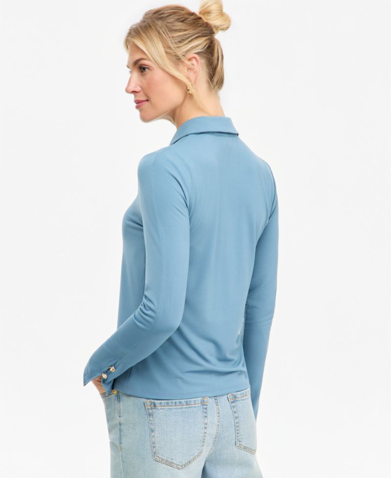 Women's Long-Sleeve Collared Keyhole Blouse