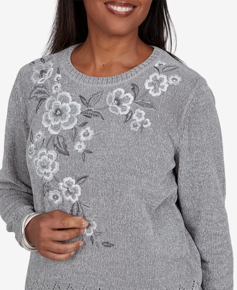 Petite Embroidered Floral Textured Chenille Sweater