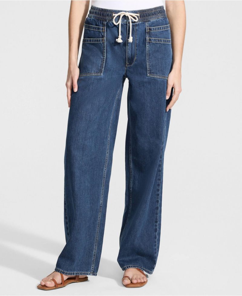Women's Lightweight Denim High Rise Relaxed Straight Pull On Pocket Jeans