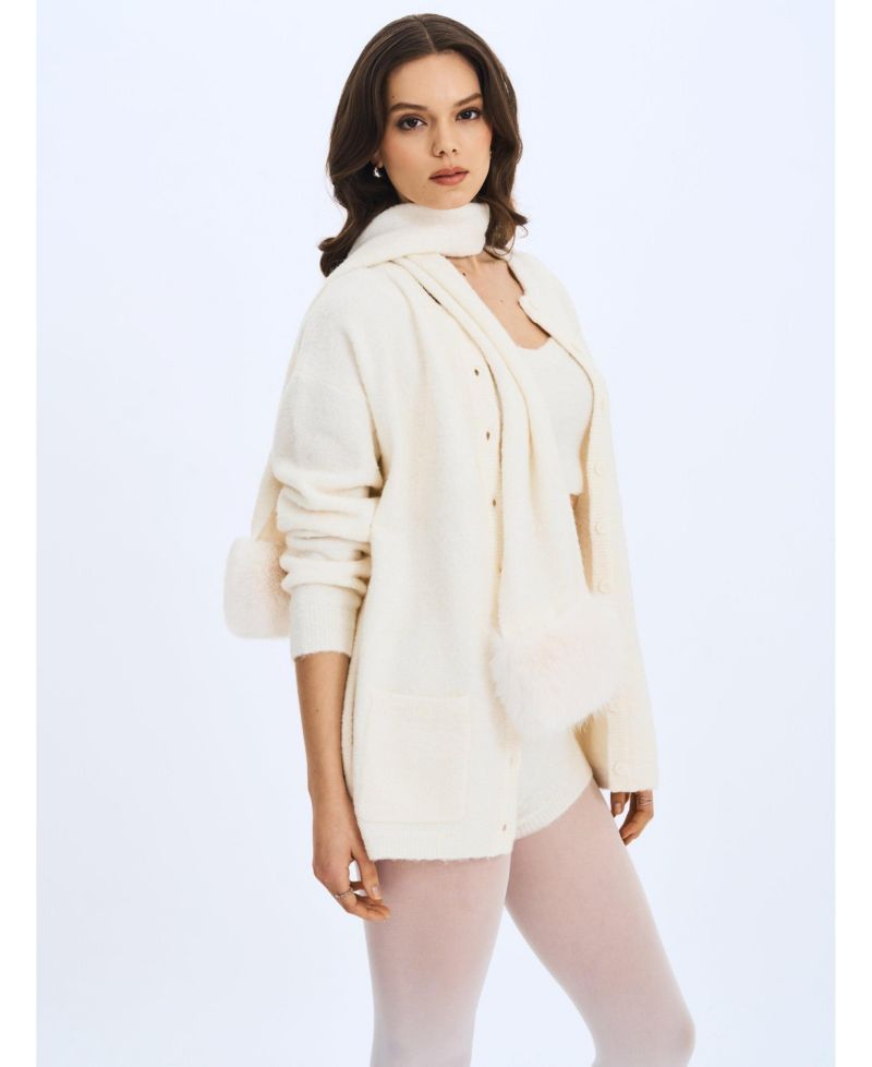 Women Selma White Wool-Blend Ribbed Knit Scarf