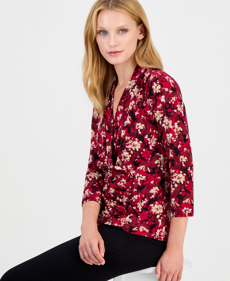 Petite Faux-Wrap Floral-Print 3/4-Sleeve Blouse
