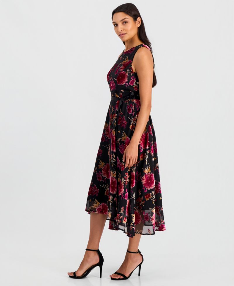 Women's Burnout Sleeveless Tie-Waist High-Low-Hem Dress