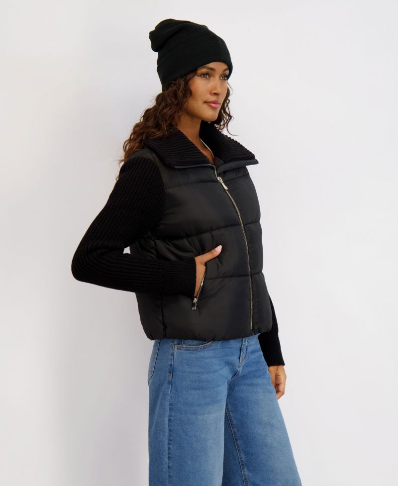 Women's Mixed Media Short Puffer with Knit Sleeves and Collar