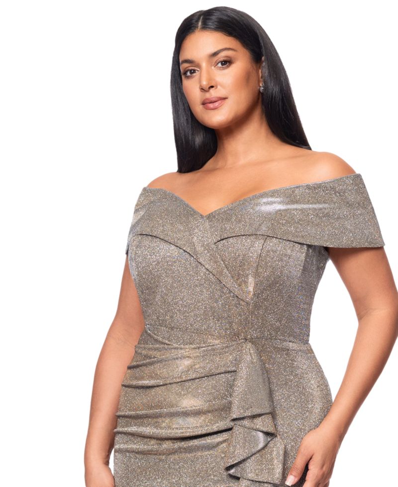 Petite Off-The-Shoulder Ruffled Glitter Gown
