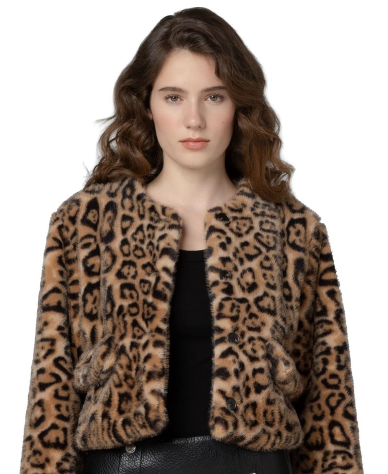Women's Animal Instinct Leopard-Print Faux Fur Collarless Jacket