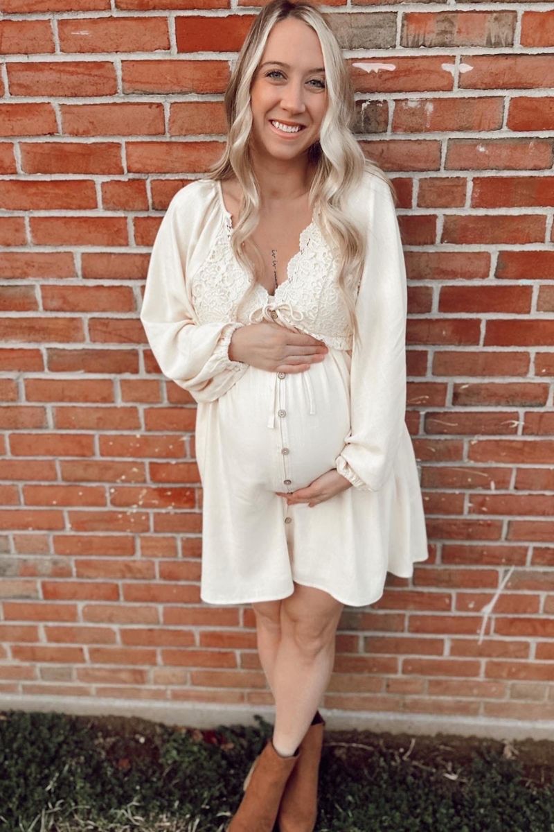 Women's Beige Crochet Lace Button Front Dress