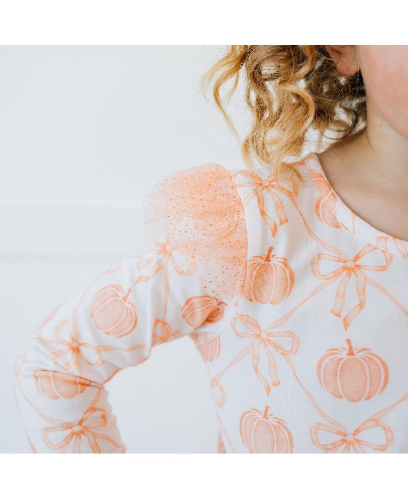 Little Girls Pumpkin Bow Trellis Long Sleeve Tutu Dress