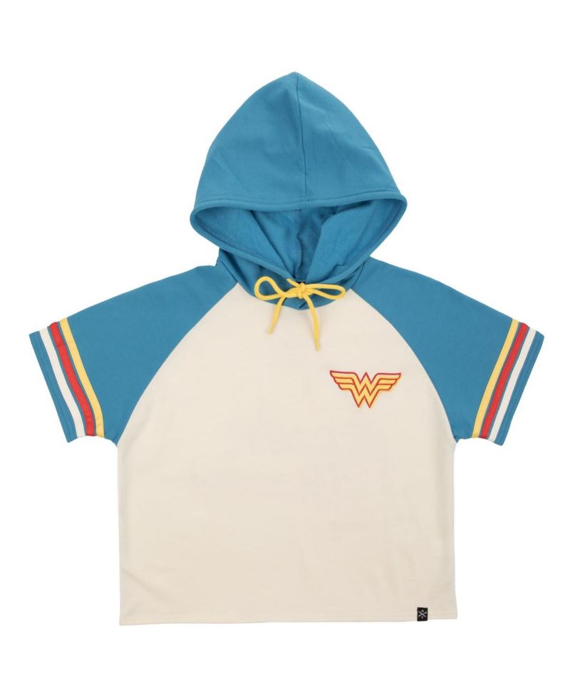Women's Cream Wonder Woman Cropped Raglan Short Sleeve Pullover Hoodie