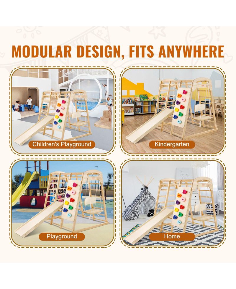 Toddler Indoor Playground 7-in-1, Wooden Climber with Rope Ladder, Slide & Swing