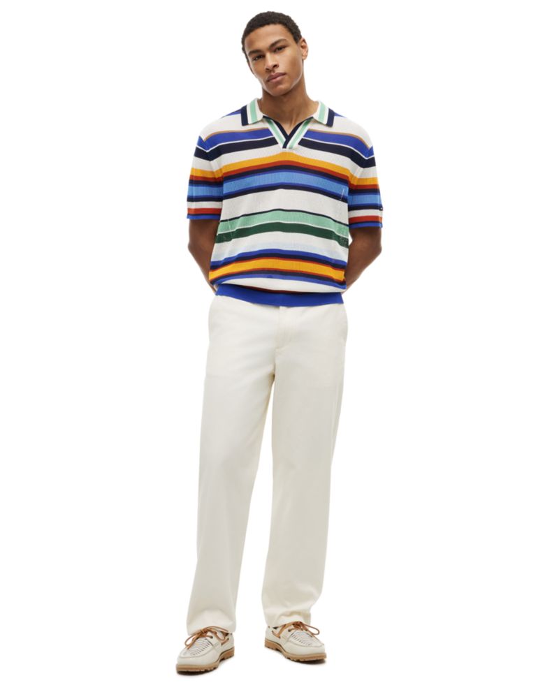 Men's Multi-Stripe Johnny Collar Short-Sleeve Knit Polo Shirt