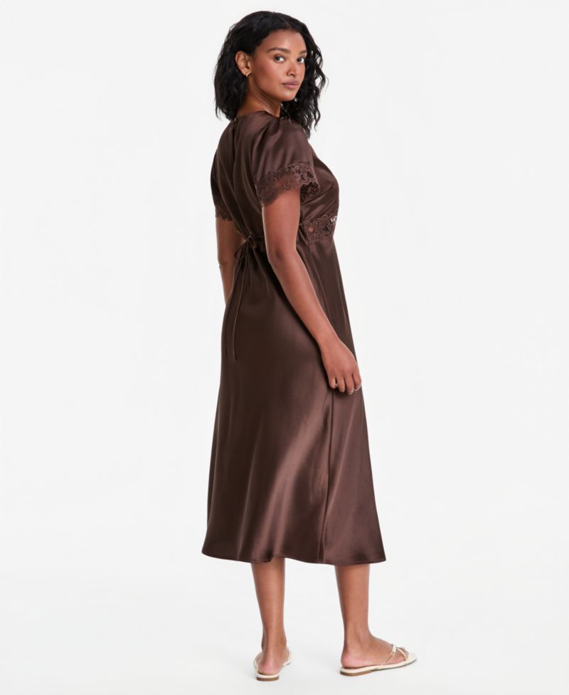 Petite V-Neck Lace-Trim Midi Satin Slip Dress