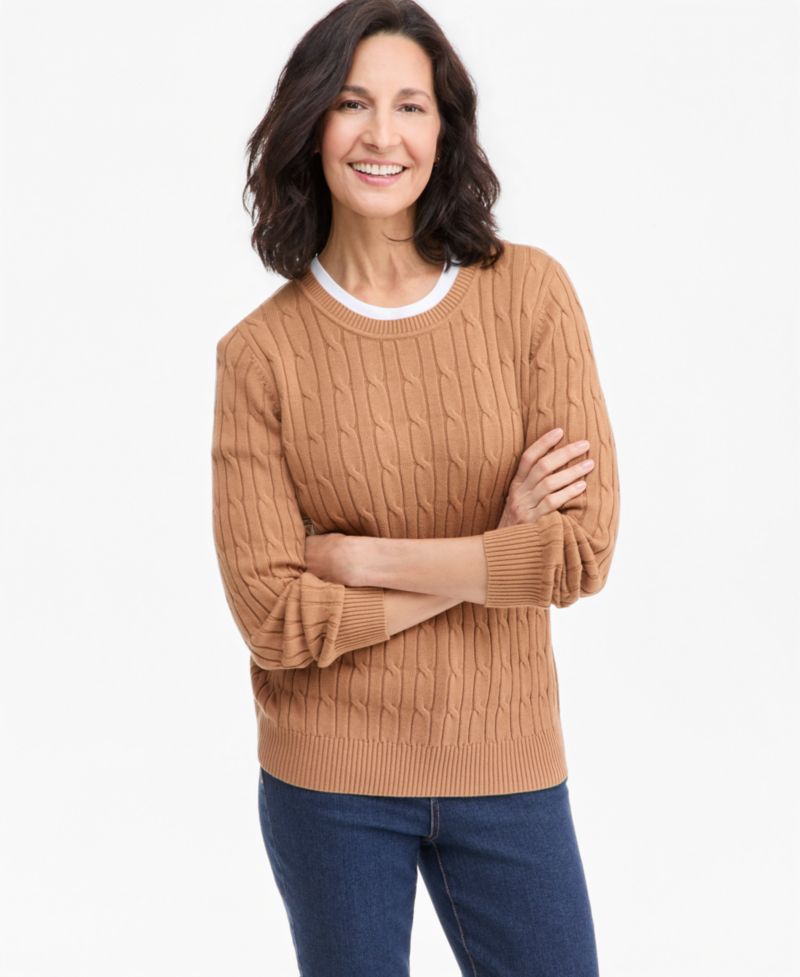 Petite Cotton Cable-Knit Crewneck Sweater