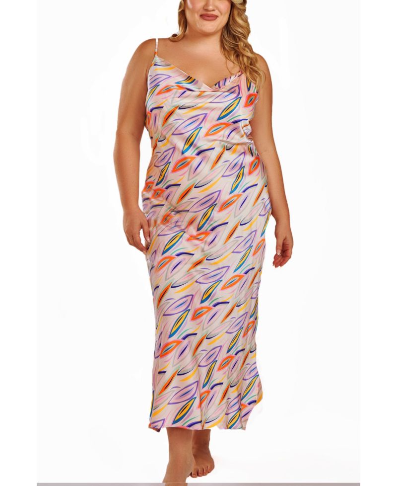 Plus Size Cowl Neck Satin Print Gown