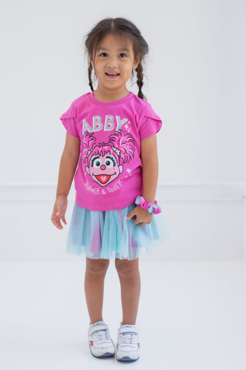Baby Girls Elmo Abby Cadabby T-Shirt Tulle Skirt and Scrunchie 3 Piece Outfit Set to