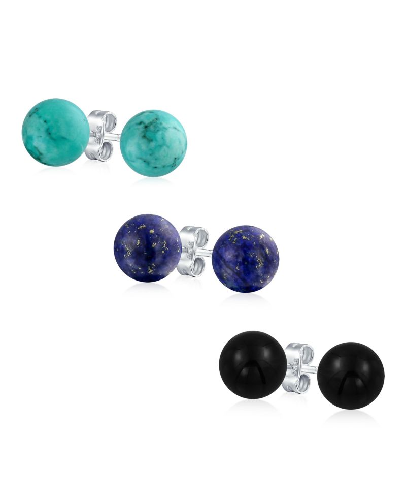Lapis, Turquoise, Onyx Bead Ball Stud Earrings Sterling Silver (3 Set)