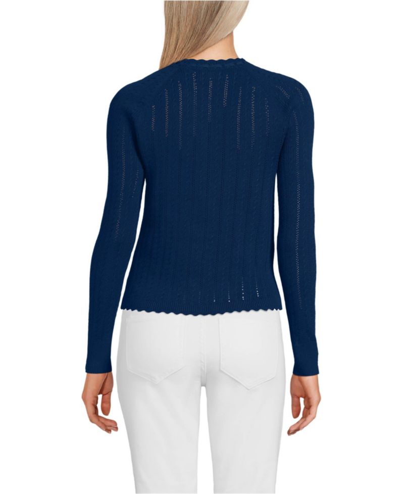 Women's Cotton Pointelle Satin Trim Cardigan Sweater