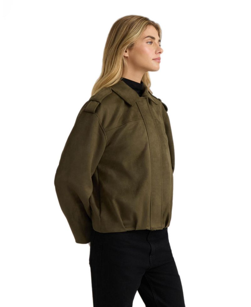 Women's Faux-Suede Pleated Shirt-Collar Bomber Jacket