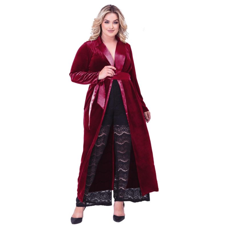 Plus Size Velvet Wrap Satin Belt Long Coat