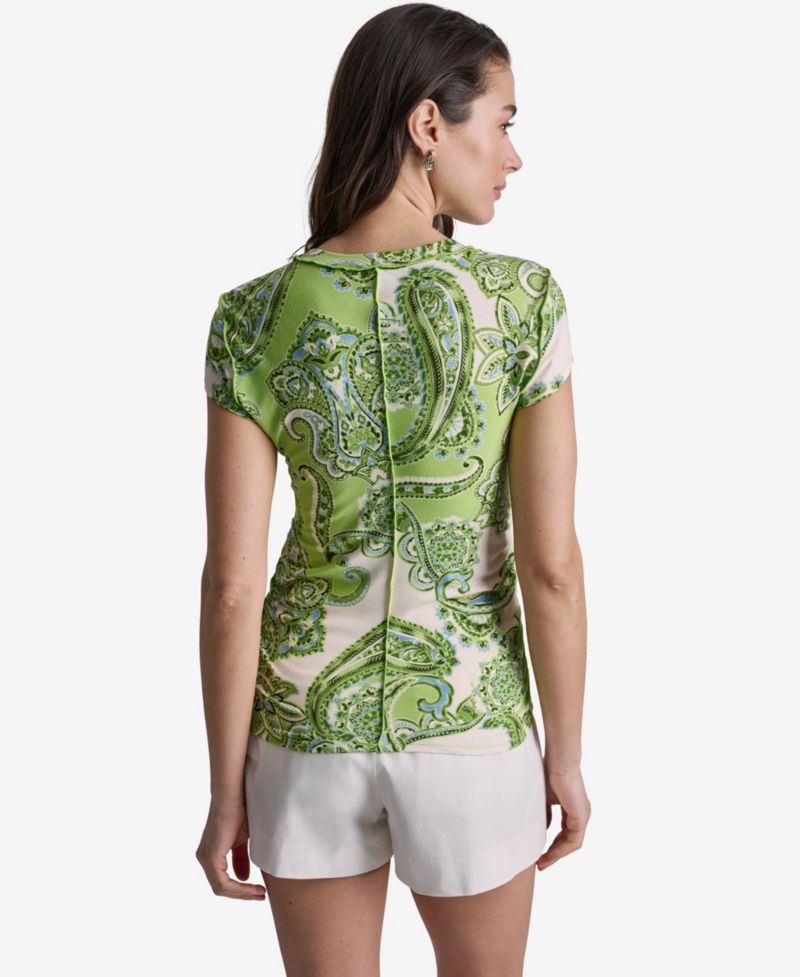 Women's Paisley Print Crewneck Cap-Sleeve Top