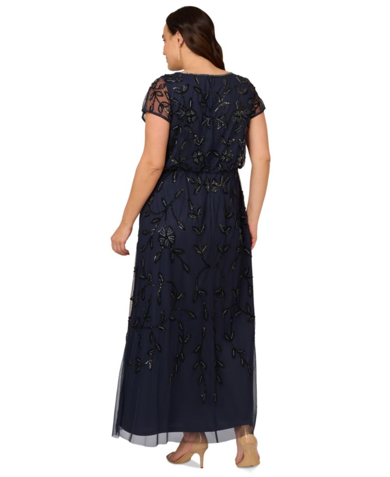 Plus Size Blouson Beaded Short-Sleeve Gown