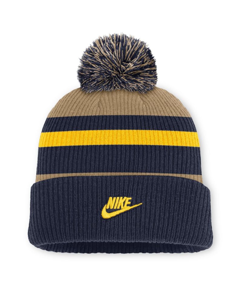 Men's and Women's Navy/Beige Michigan Wolverines Legacy Striped Cuffed Knit Hat with Pom