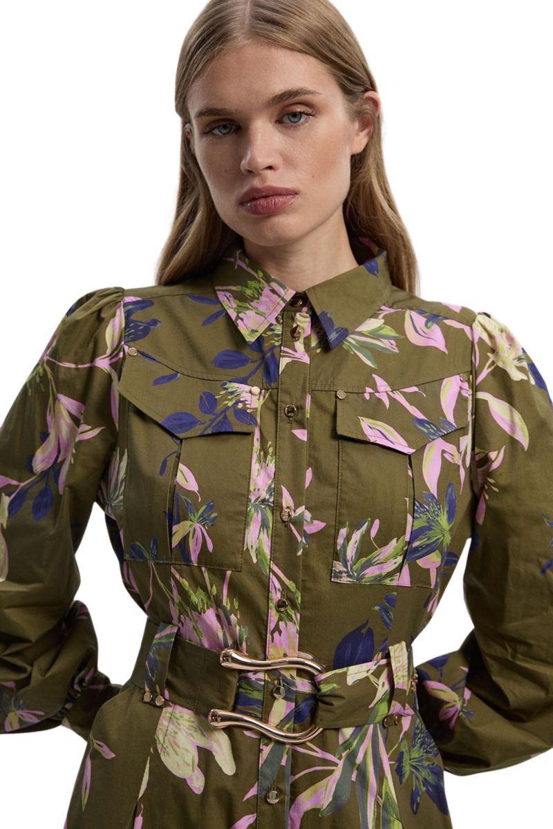 Women's Floral Cotton Sateen Midi Shirt Dress