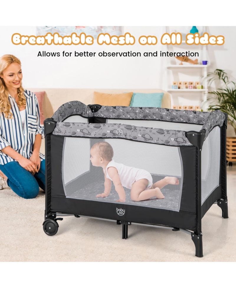 Portable Baby Playard Nursery Center Crib Bassinet w/ Hanging Toys and Music Box