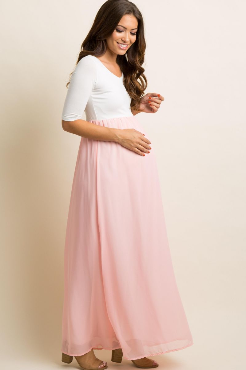 Women's Light Pink Chiffon Colorblock Maxi Dress