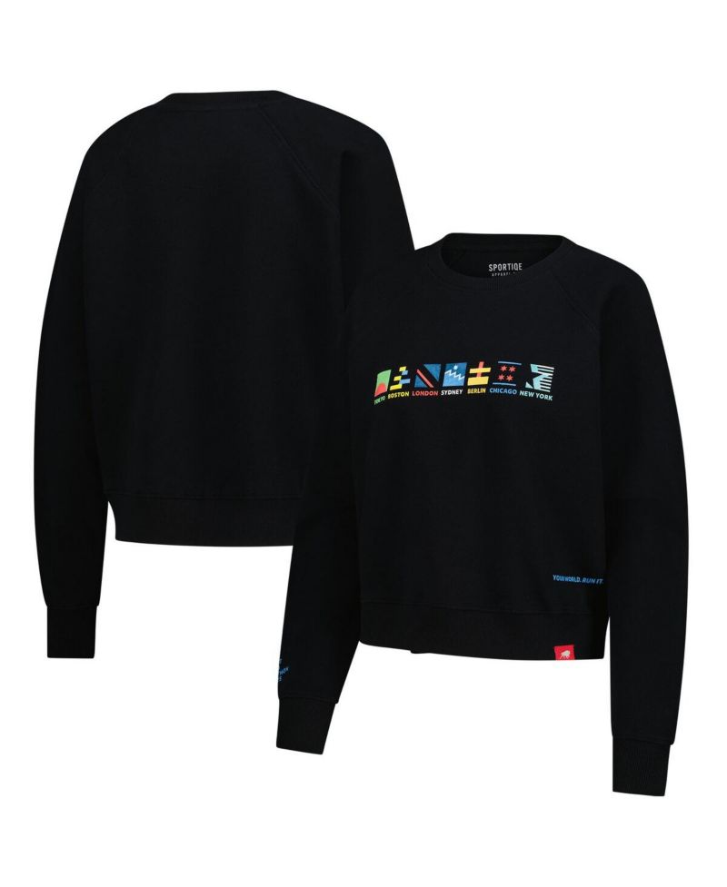 Women's Black Abbott World Marathon Majors Ashlyn French Terry Raglan Crewneck Sweatshirt