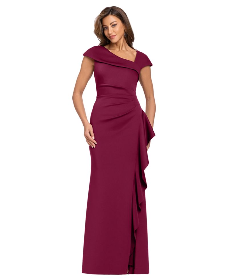 Petite Asymmetric Neck Side Ruffle Gown
