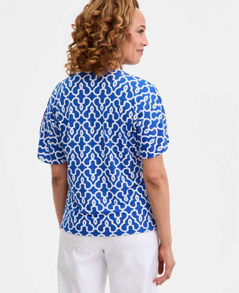 Petite Printed Keyhole Split-Sleeve Top