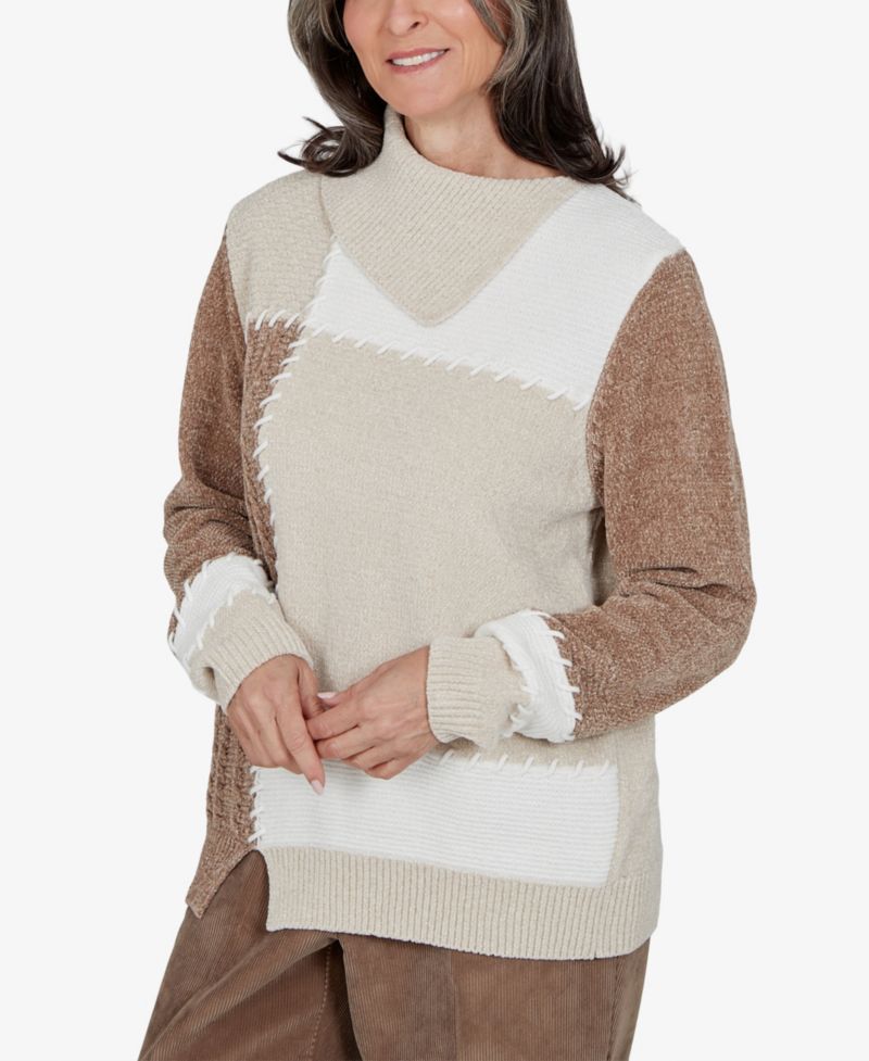 Petite Cowl Neck Cable-Knit Colorblock Pullover Sweater
