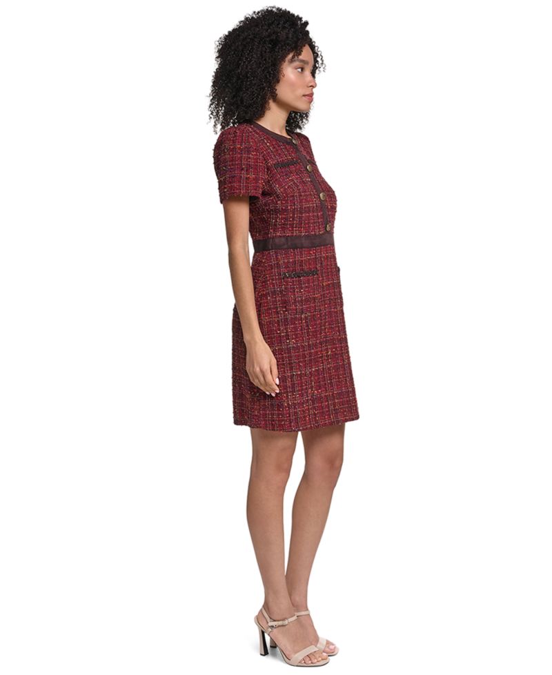 Women's Short-Sleeve Tweed Crewneck Sheath Dress