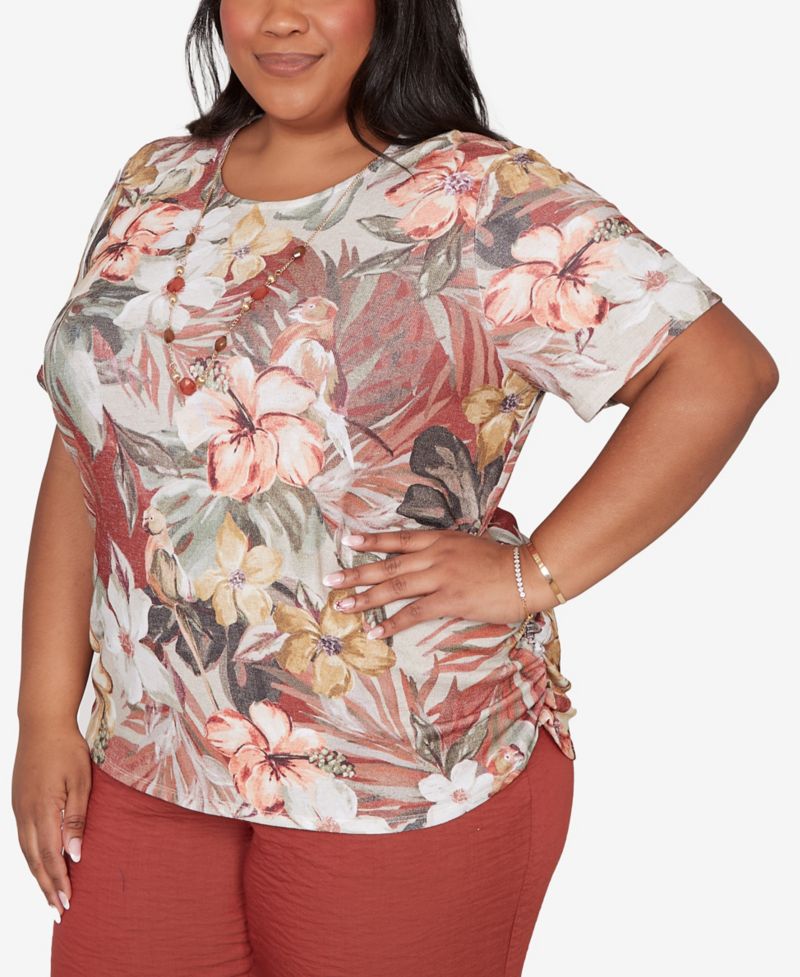 Plus Size Spice Market Dramatic Floral T-Shirt with Necklace