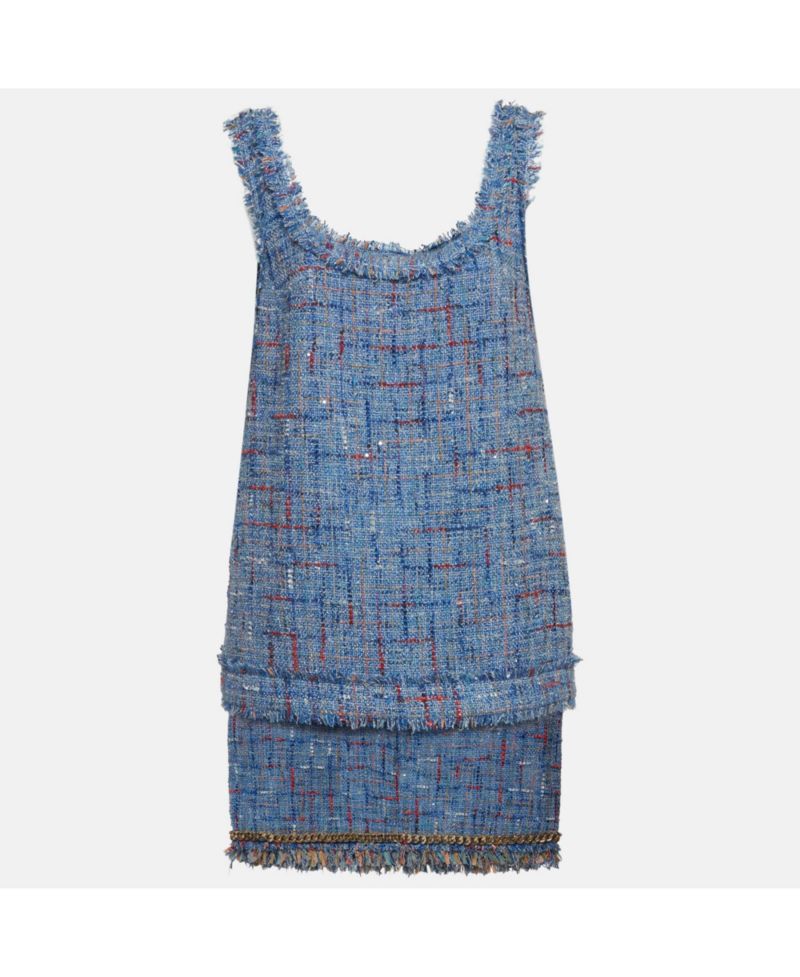 Women's Tweed And Denim Sleeveless Top and Mini Skirt Suits