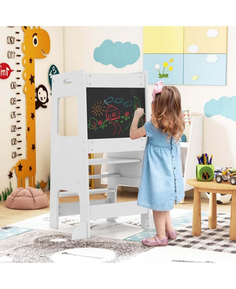 Toddler Kitchen Step Stool with Activity Chalkboard Adjustable Height & Safety Rail