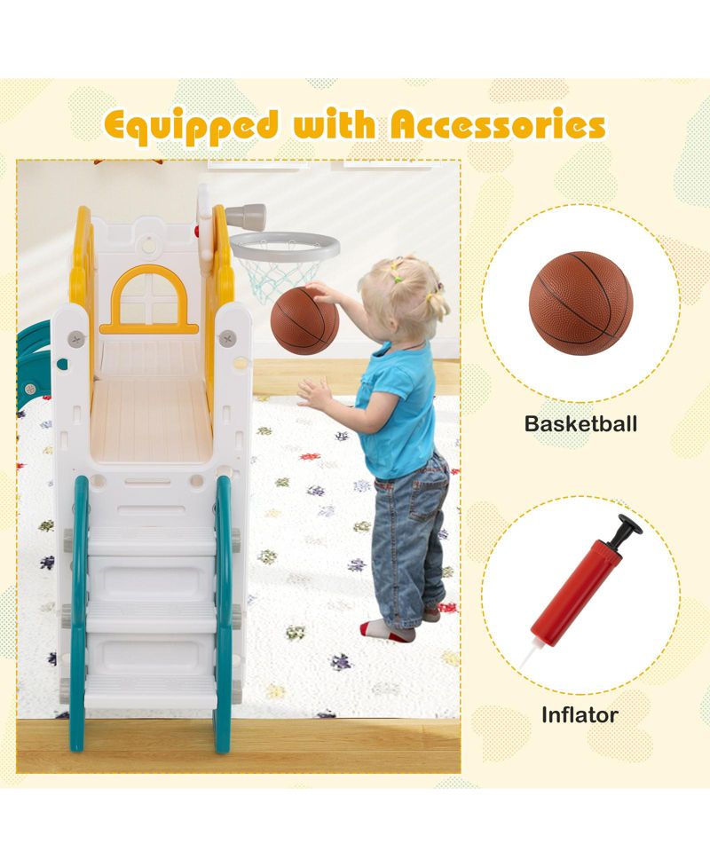 9 in 1 Toddler Slide L Shaped Kids Slide and Climber Playset w/ Basketball Hoop
