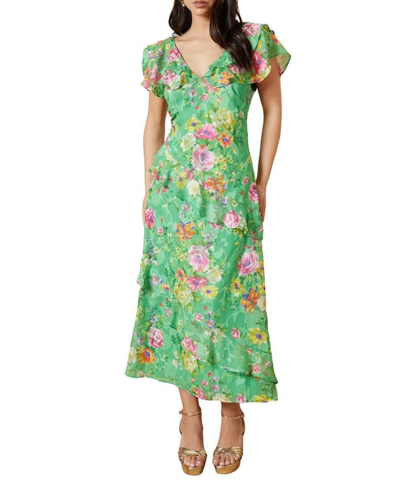 Women's Ruffle Sleeve Jacquard Midi Dress