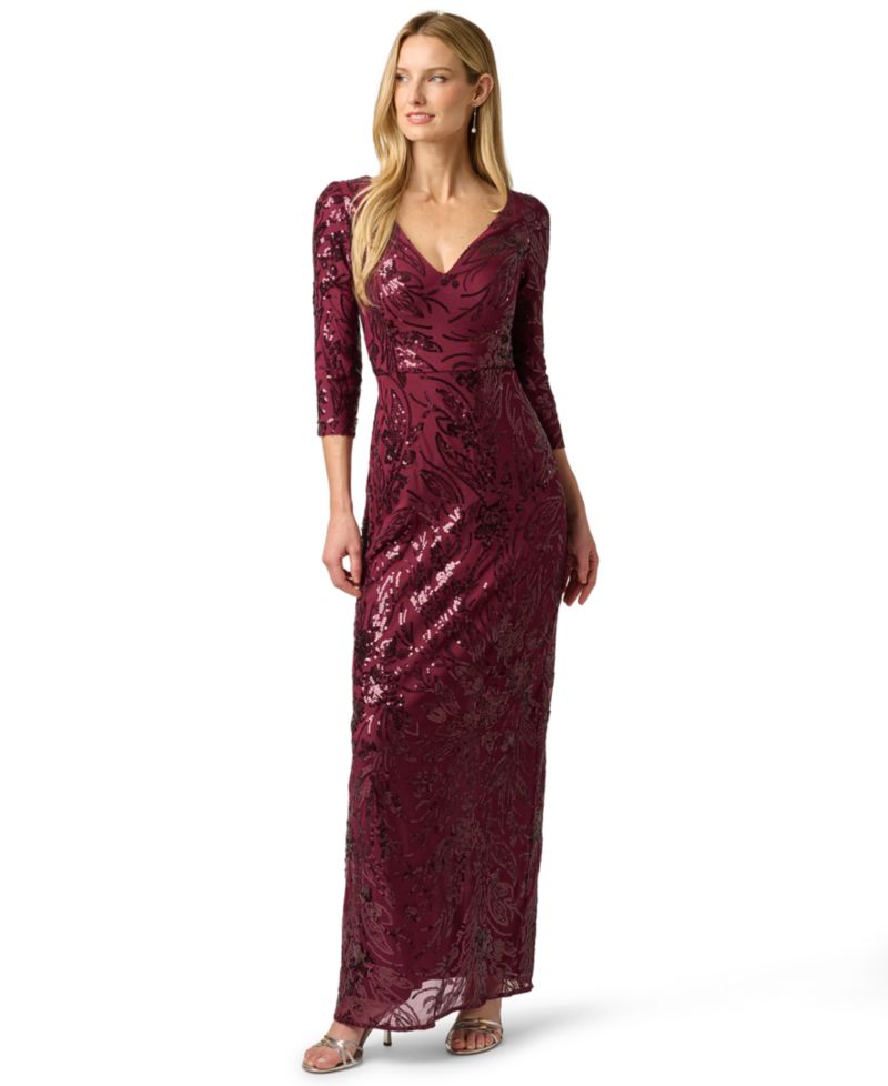 Women's Floral-Print Sequin-Embroidered V-Neck Gown
