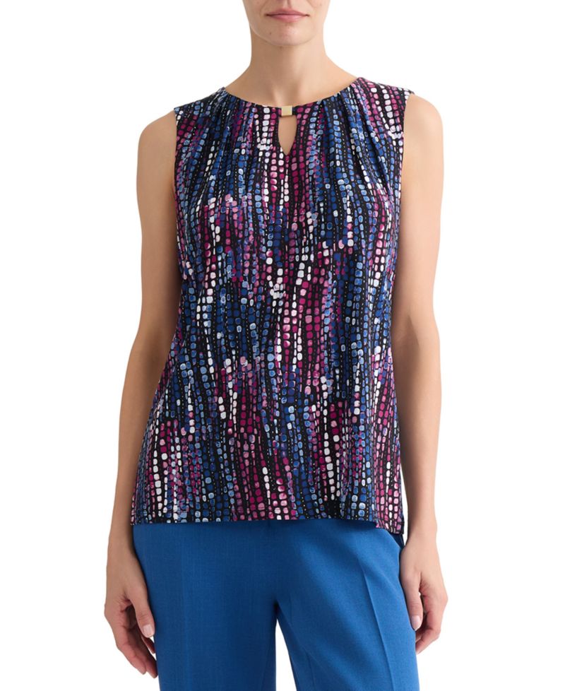 Petite Printed Pleat-Neck Sleeveless Top