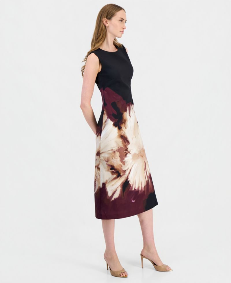 Petite Scuba Floral Print A-Line Midi Dress