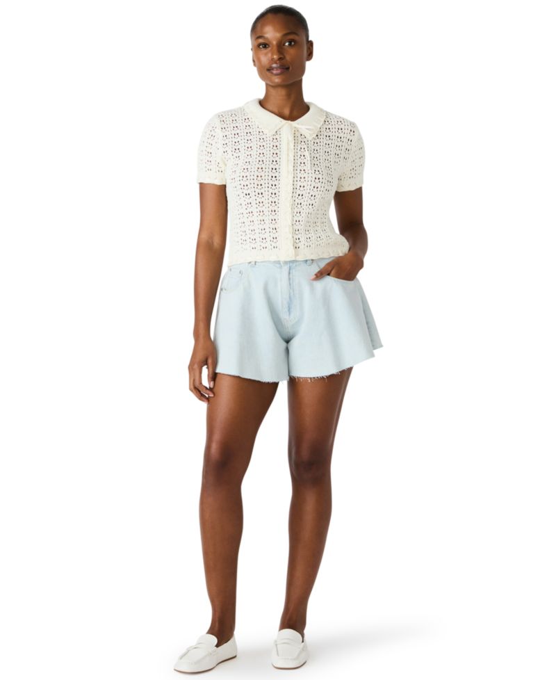 Women's Pointelle Ruffle Collared Cardigan Sweater