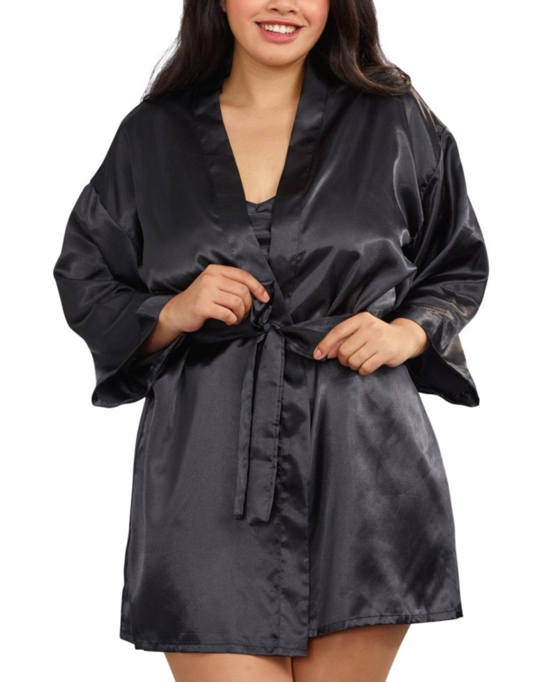 Plus Size Satin Robe & Chemise 2-Piece Lingerie Set
