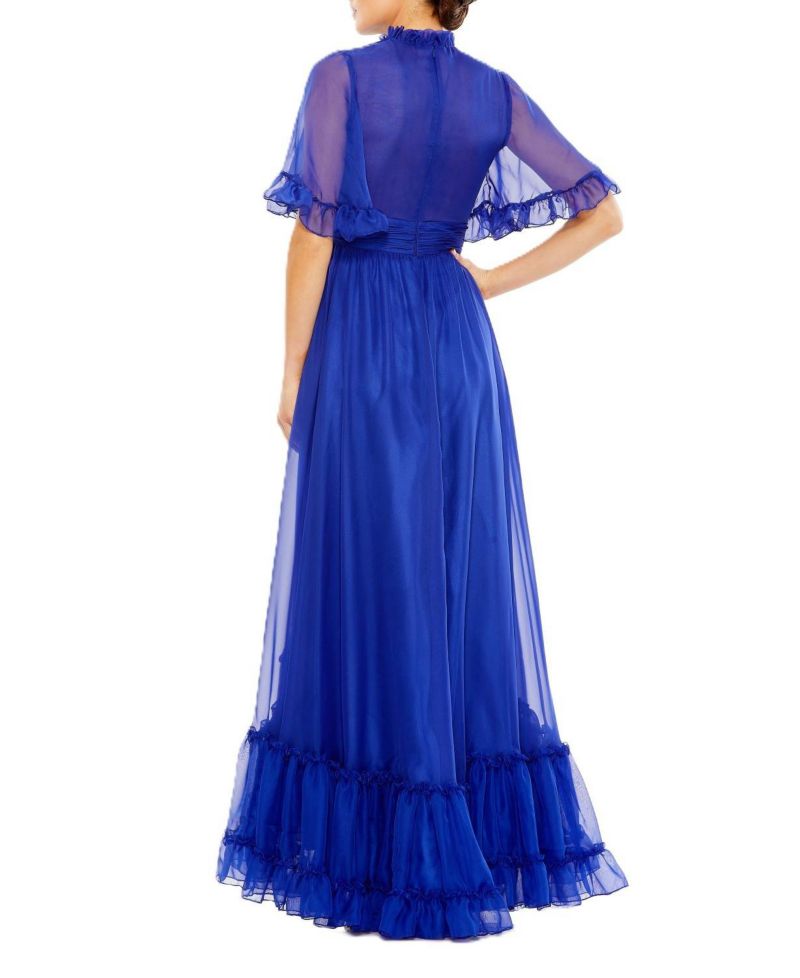 Women's Ruffled High Neck Flutter Sleeve High Low Hem Gown