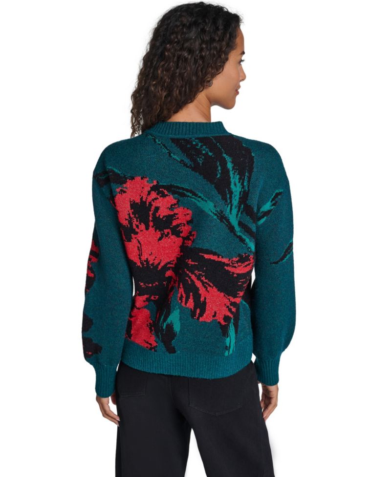 Women's Floral-Print Long-Sleeve Crewneck Sweater