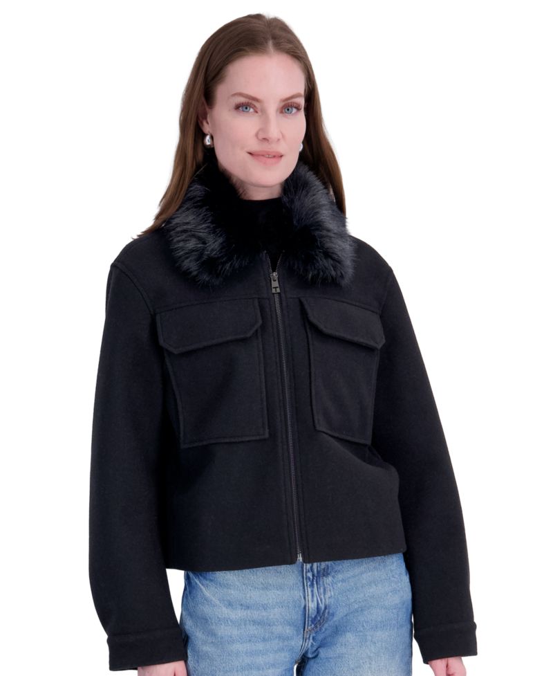 Women's Detachable Faux-Fur Collar Cropped Coat